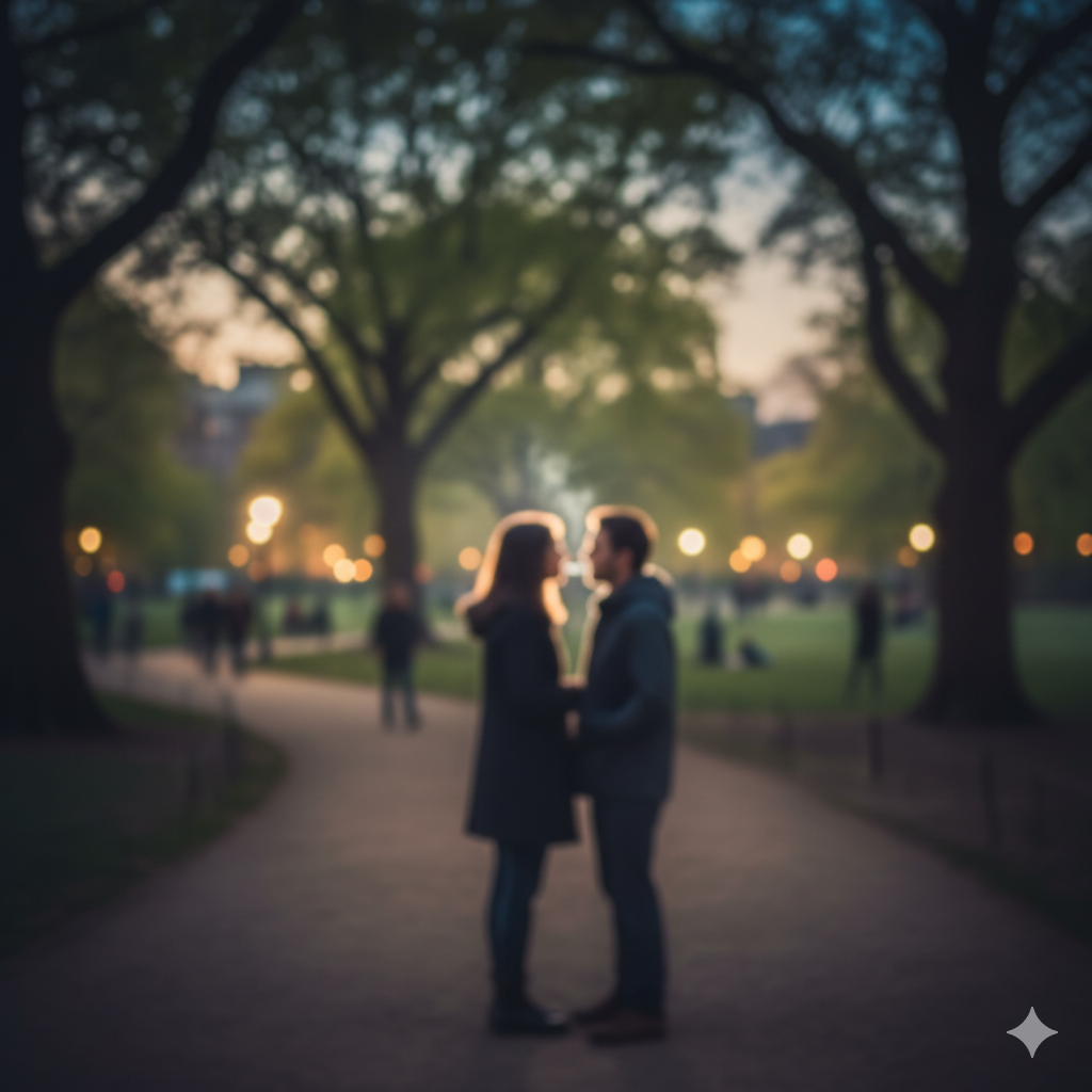 Two blurry figures in a park